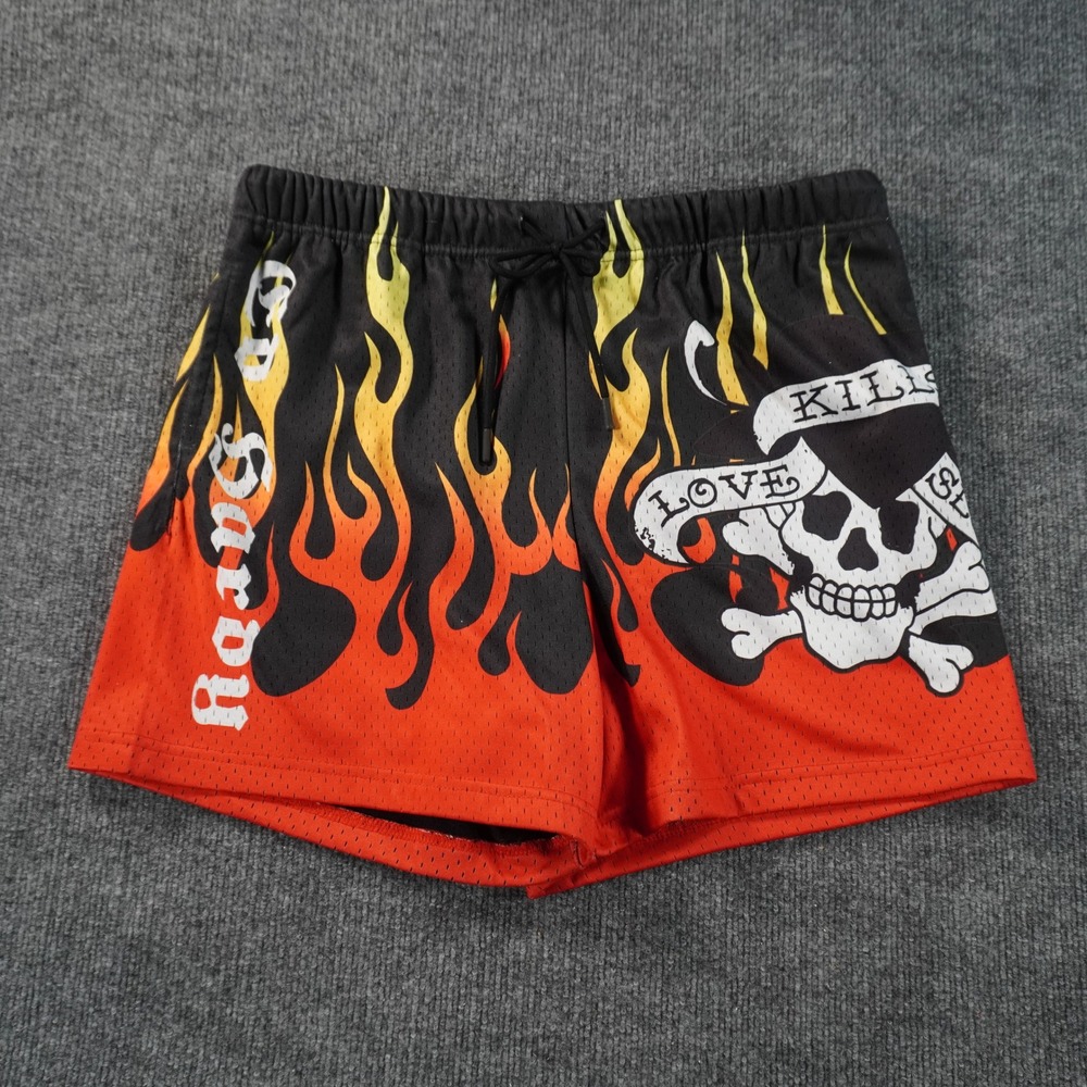 Ed Hardy Mesh Shorts Mens Large Black Orange Flame Skull Love Kills Slowly